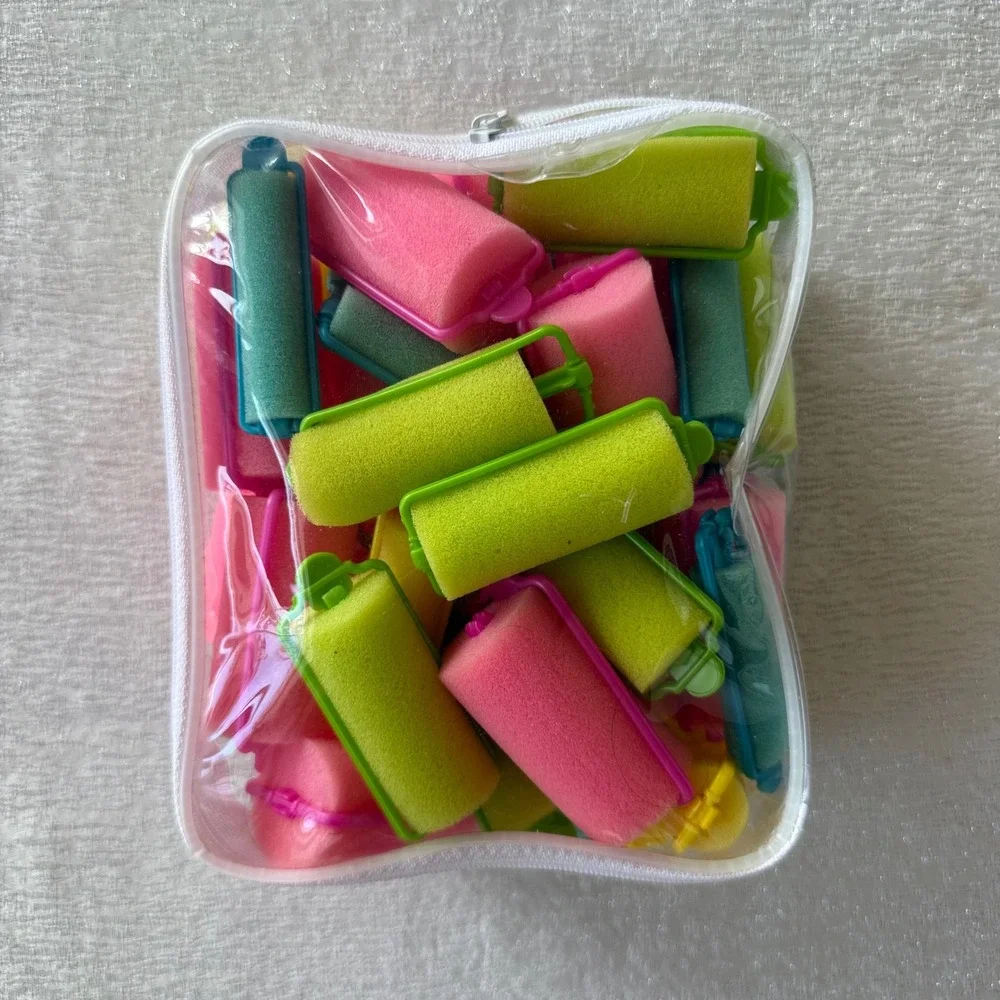 48pc Foam Sponge Hair Roller Set Pink Green Yellow Blue Curlers w/ Storage Bag